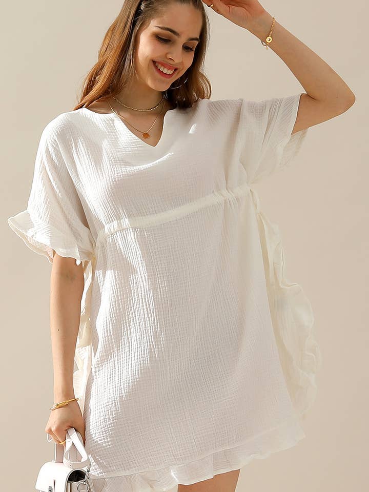 DRAWSTRING WAIST WITH RUFFLE HEM MIDI DRESS