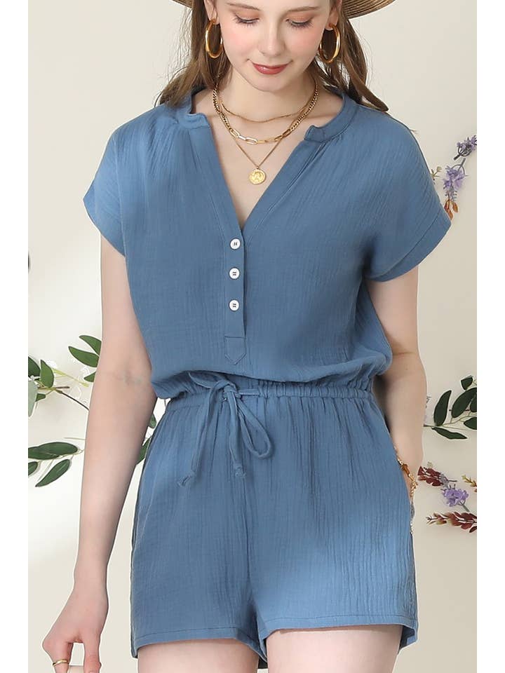 HENLEY NECK SHORT SLEEVE JUMPSUIT ROMPER