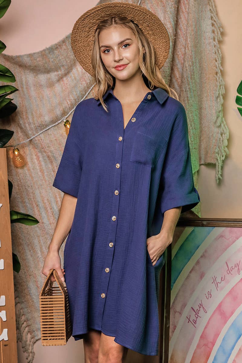 CWDSD10407_SHORT SLEEVE BUTTON DOWN MINI SHIRTS DRESS