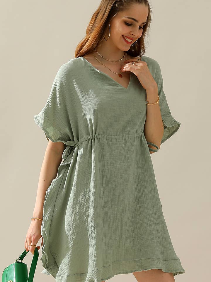 DRAWSTRING WAIST WITH RUFFLE HEM MIDI DRESS