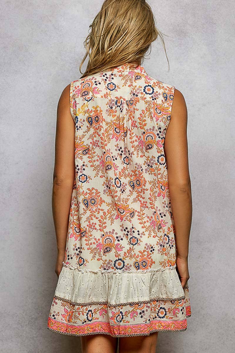 POL Sleeveless Printed Pintuck Spangle Button Down Dress