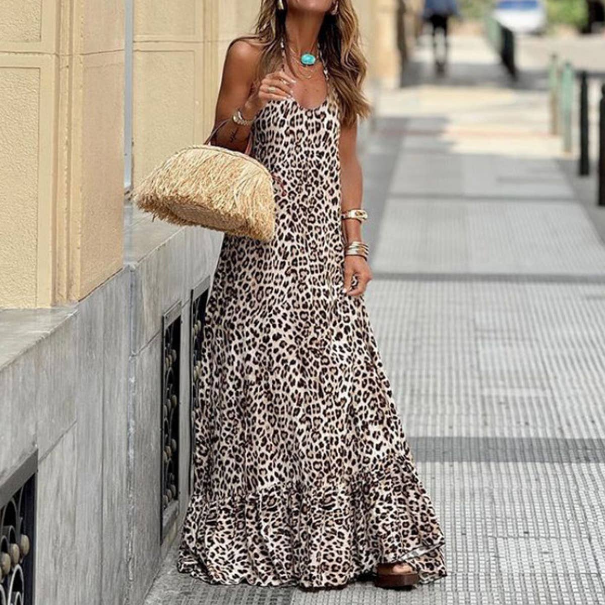 Leopard print halter V-neck full-length dress