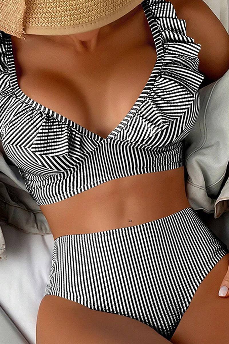 CWMW0794_STRIPED HIGH WAISTED V-NECK RUFFLED SWIMSUIT