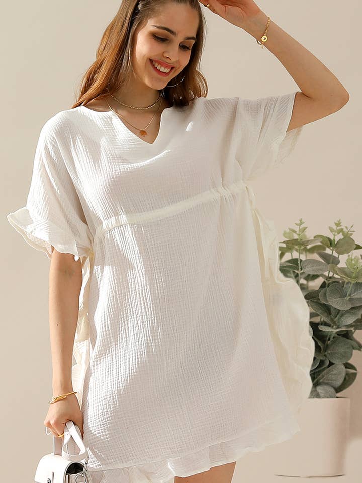 DRAWSTRING WAIST WITH RUFFLE HEM MIDI DRESS