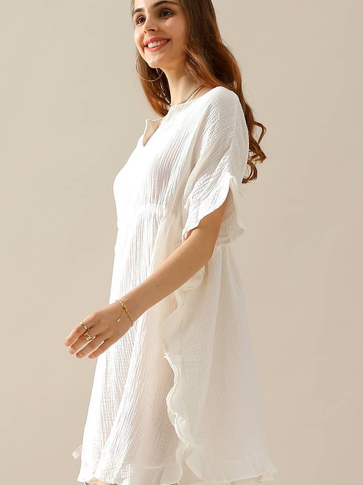 DRAWSTRING WAIST WITH RUFFLE HEM MIDI DRESS